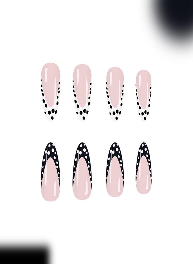 OSTTMA 24Pcs Polka Dot Press on Nails French Tip Fake Nails Medium Almond False Nail with Designs Black White Polka Dots Acrylic Nail Kit Full Cover Stick on Nails for Women Manicure Decoration - Image 4